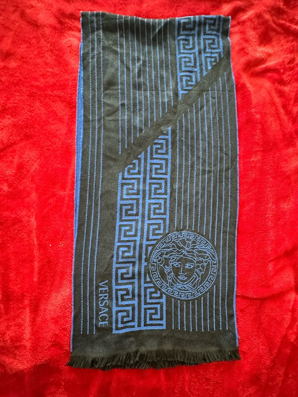 Versace Scarf Blue Black Wool Signature Medusa